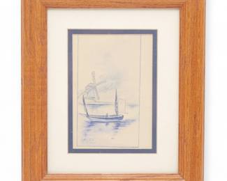 Framed Watercolor Sketch of Boat & Windmill