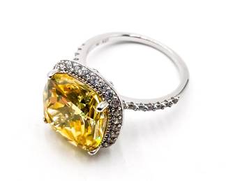 925 Sterling Silver Ring with Yellow Cushion-Cut Gemstone and CZ Halo Size 8