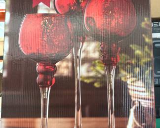Set of 3 Red Mercury Glass Hurricanes