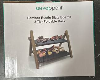 Servappetit Bamboo Rustic Slate Boards 2-Tier Foldable Rack