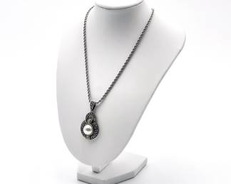 Judith Jack Sterling Silver Necklace with Faux Pearl and Marcasite Pendant
