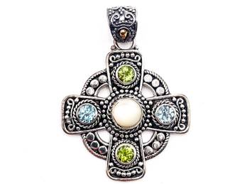 Suarti 925 Sterling Silver 18K Pearl, Peridot, Topaz Cross Pendant