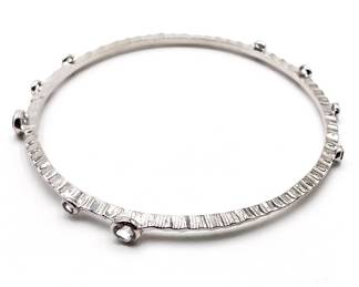 Textured Silver Bangle Bracelet with Rhinestones