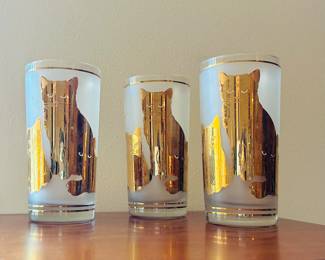 (4) vintage Culver gold high ball cat glasses