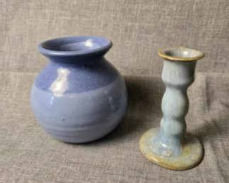 Purple Pottery Vase and Blue Pottery Candlestick Holder