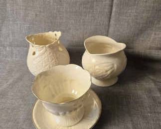 Belleek Tea Cup and Two Vaces