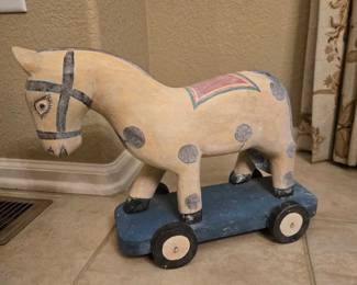 Hand Carved Hard Wood Horse on Wheels