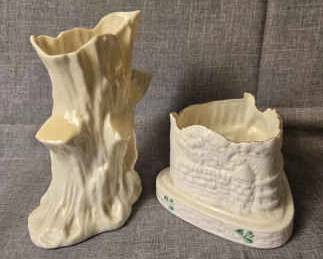 Belleek 2PC Figurines Ireland Tree Trunk Vase and Shamrock Design Vase