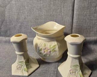 Belleek Vase And 2PC Candlestick Holder Set