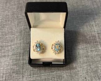 Genuine Blue Topaz Cluster 14kt Gold Plated Earrings