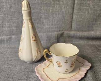 Belleek 2PC Tea Cup With Tray and Salt Shaker