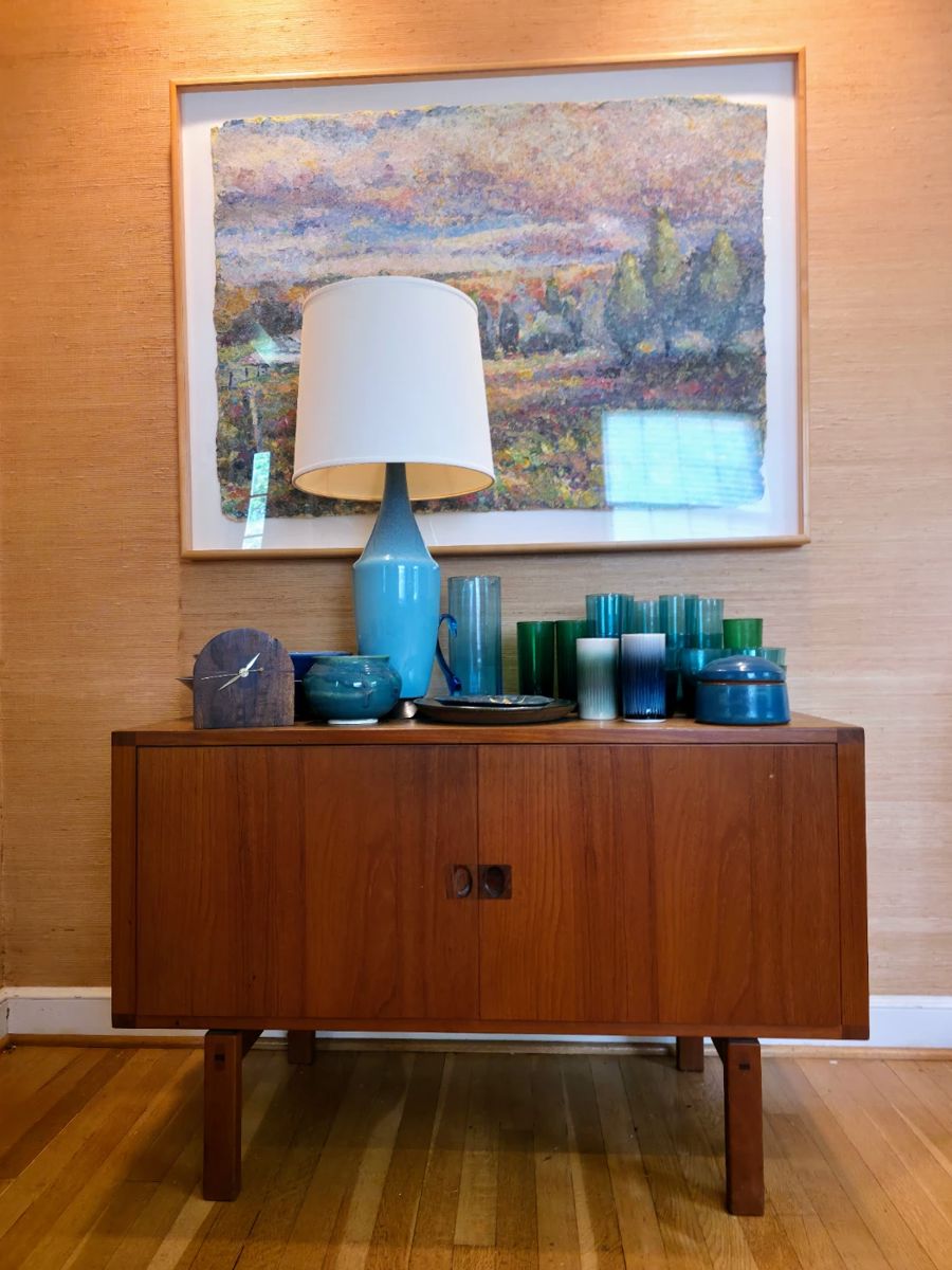 MCM Teak Media Cabinet, Mid-Century lamps and glassware
