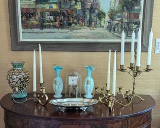 Antique Demilune Cabinet, vintage Oil Painting