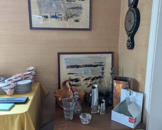Watercolors by Birdsey, Holmegaard decanter and accessories, antique barometer
