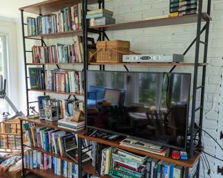 Metal and wood shelving system for sale plus books, cds, videos, etc