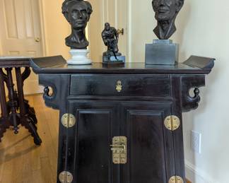 Antique Asian Altar style cabinet and Lincoln busts