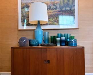MCM Teak Media Cabinet, Mid-Century lamps and glassware