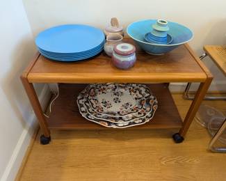 Teak cart, Imari platters that are superb