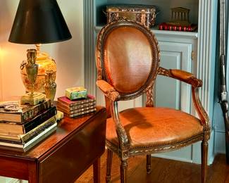 Late 19th C leather and gilt wood Louis Philippe arm chairs set of four