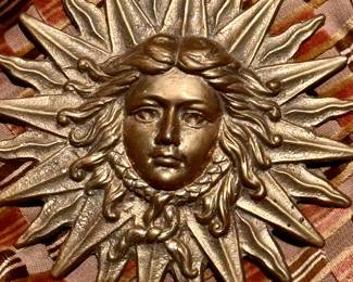An antique French small gilt bronze sun god medallion that would look marvelous in a shadow box!