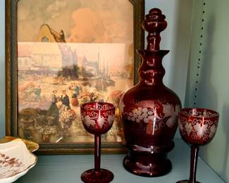 Cut to clear ruby decanter set