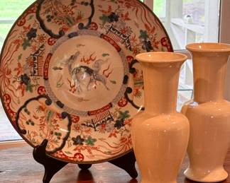 Massive Chinese porcelain platter with lucky horse motif and two blanc de chine MCM vases from England