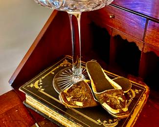 Cut glass and antique Chinese slippers
