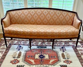 Important English Sheraton bench sofa! Mahogany with gorgeous silk linen blend upholstery