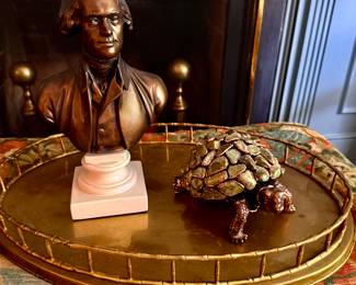 Bamboo brass tray. Gemstone tortoise and bronze bust of Jefferson