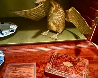 Large brass duck and antique walnut boxes