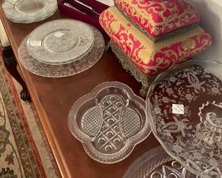 Cape cod , Duncan Miller Prelude cake stand , cut glass and ormalu box