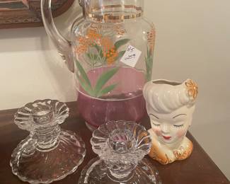 Fostoria candlesticks a with head vase and Victorian enameled pitcher