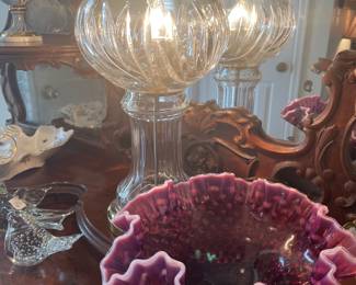 Wedgwood crystal lamp and rare Fenton Plum Hobnail compote