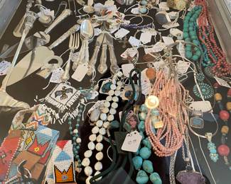 Large selection of sterling and southwestern jewelry, sterling flatware and other serving pieces . No sterling left on premises Eill be brought in the day of the sale