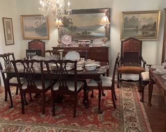View of dining room notice to wonderful oriental 8’x10’ rug and mahogany Chippendale table ( sets 10) and chairs