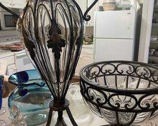 Iron and glass vase and compote