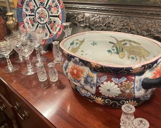 Imari style foot bath and Waterford salt and peppers