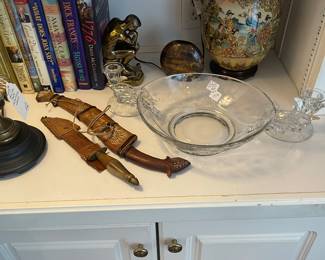 Vintage souvenir knives and Fostoria “ Chintz “ console set
