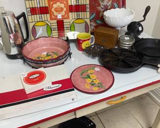 Red and white enamel top table with cast iron and kitchen miscellaneous