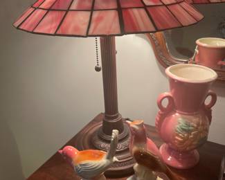 Stained glass lamp with Hull vase and Royal Copley birds