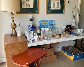 Table of depression glass and Precious Moments