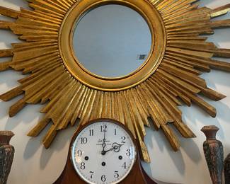 Wonderful sunburst mirror with Seth Thomas mantle clock