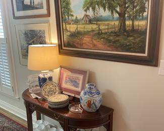 View of right side of kitchen with mahogany inlaid hall table