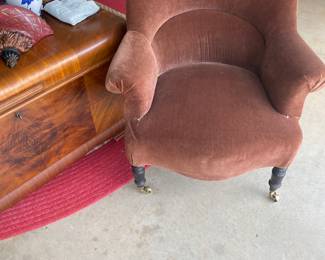 English brown velvet upholstered slipper chair
