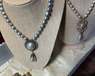Vintage Miriam Haskell baroque pearl necklaces and cross pendant