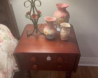 Second cherry drop leaf nightstand with Hull pottery