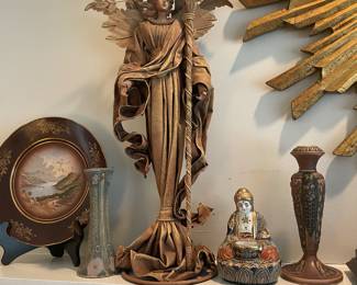Wonderful angel candleholder ( one of a pair ) with Weller vase and one of a pair of Roseville candleholders