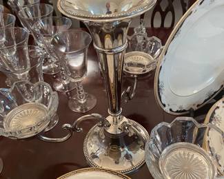 Victorian silverplate epergene with Heisey bowls