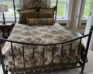 Metal queen bed & custom made bedding