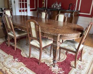 Inlaid dining table & six side chairs